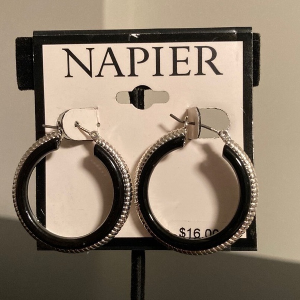 Napier Black and Silver Textured Hoop Earrings